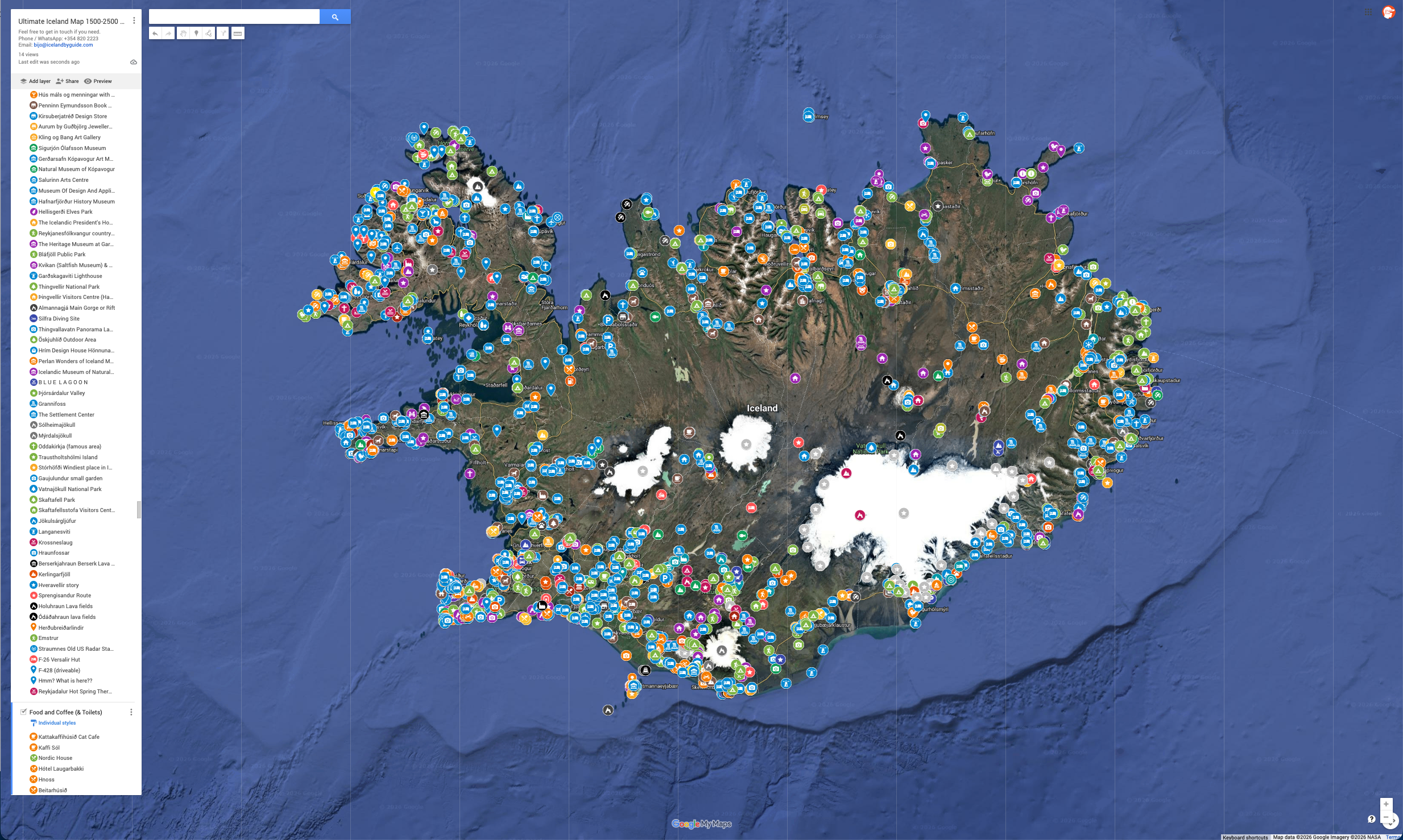 Master Map showing thousands of places across Iceland