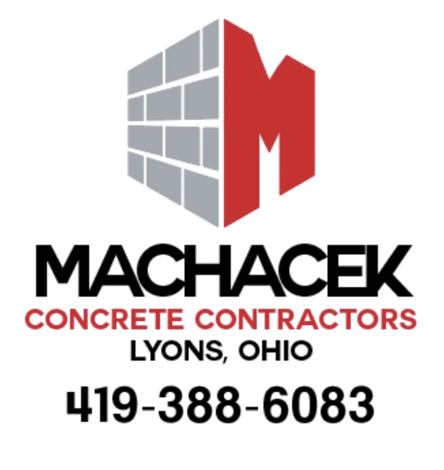 Logo of Machacek Concrete Contractors featuring a 3D brick wall and a red formation resembling the letter 'M', with company contact information below.
