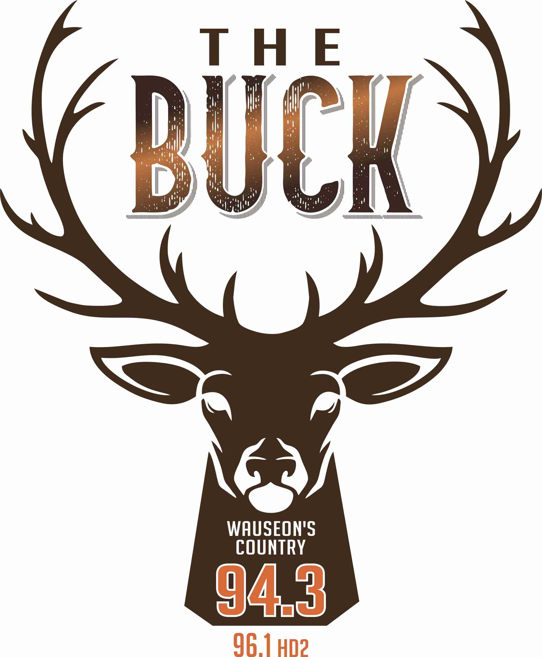 The image features a stylized illustration of a deer head with antlers. Overlaid on the deer's face is text that reads "The Buck Wauson's Country 94.3" and below that, it displays population statistics with numbers "94.3", "961", and "96.1 HD2" in white and orange colors.