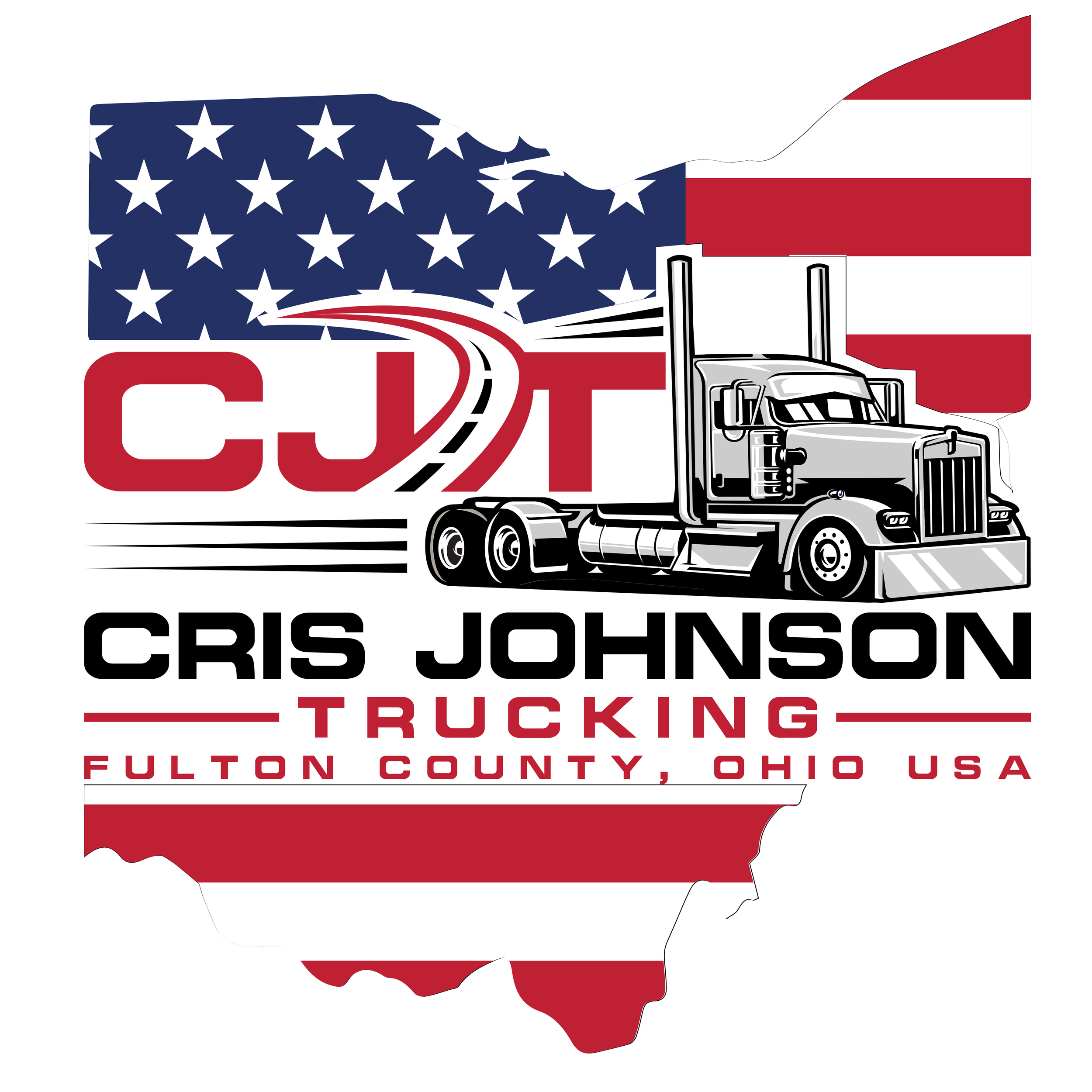 Graphic design featuring a semi-abstract outline of the state of Ohio, filled with the American flag pattern. Superimposed within the outline are bold red, black, and white text reading "CRIST JOHNSON TRUCKING" with the words "FULLTON COUNTY, OHIO USA" at the bottom.