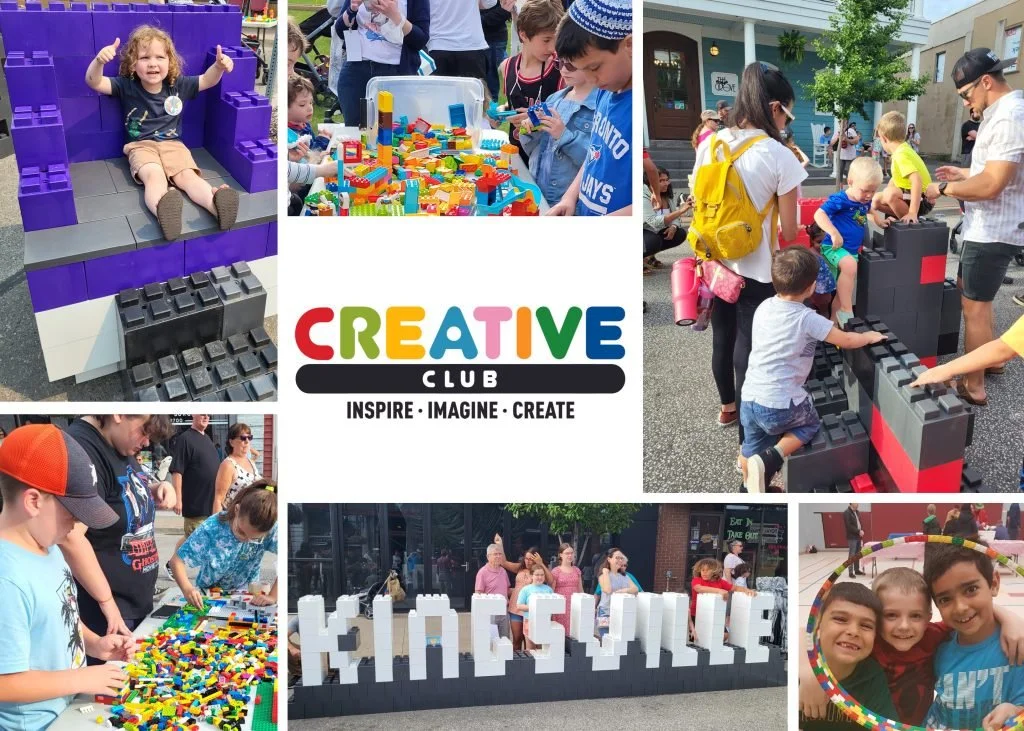 Collage of children and adults engaging in creative activities at an outdoor event, including building with colorful LEGO bricks, playing with block structures, and posing for photos, with a central logo for the Creative Club.
