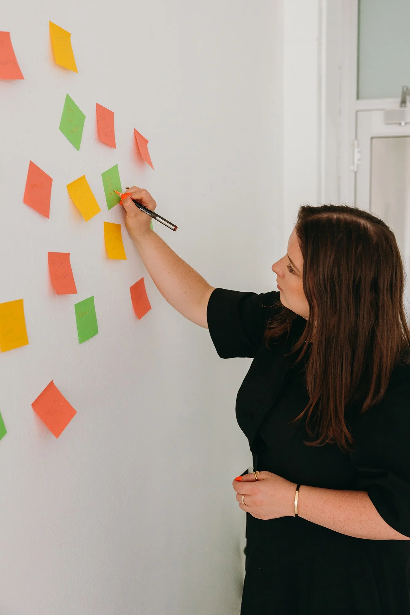 Lauren from Unravel mapping out a client system using colourful sticky notes on a white wall, showcasing her hands-on approach to business planning and strategy.
