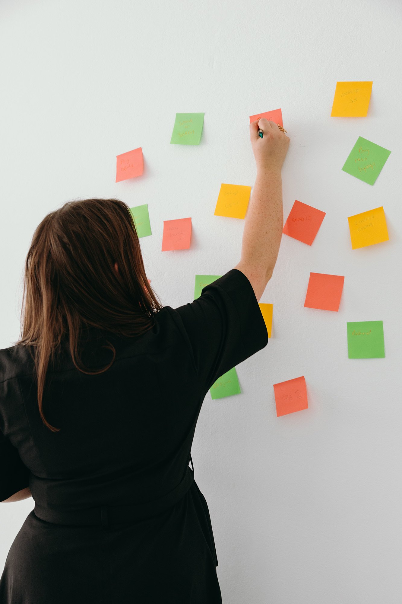 Lauren from Unravel mapping out a client system using colourful sticky notes on a white wall, showcasing her hands-on approach to business planning and strategy.