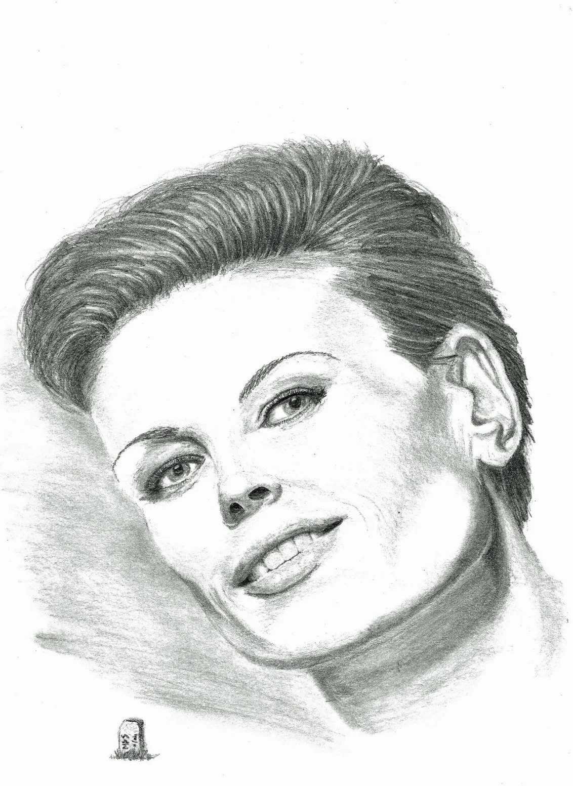 A detailed graphite pencil drawing of a woman with short, styled hair, expressive eyes, and a gentle smile.