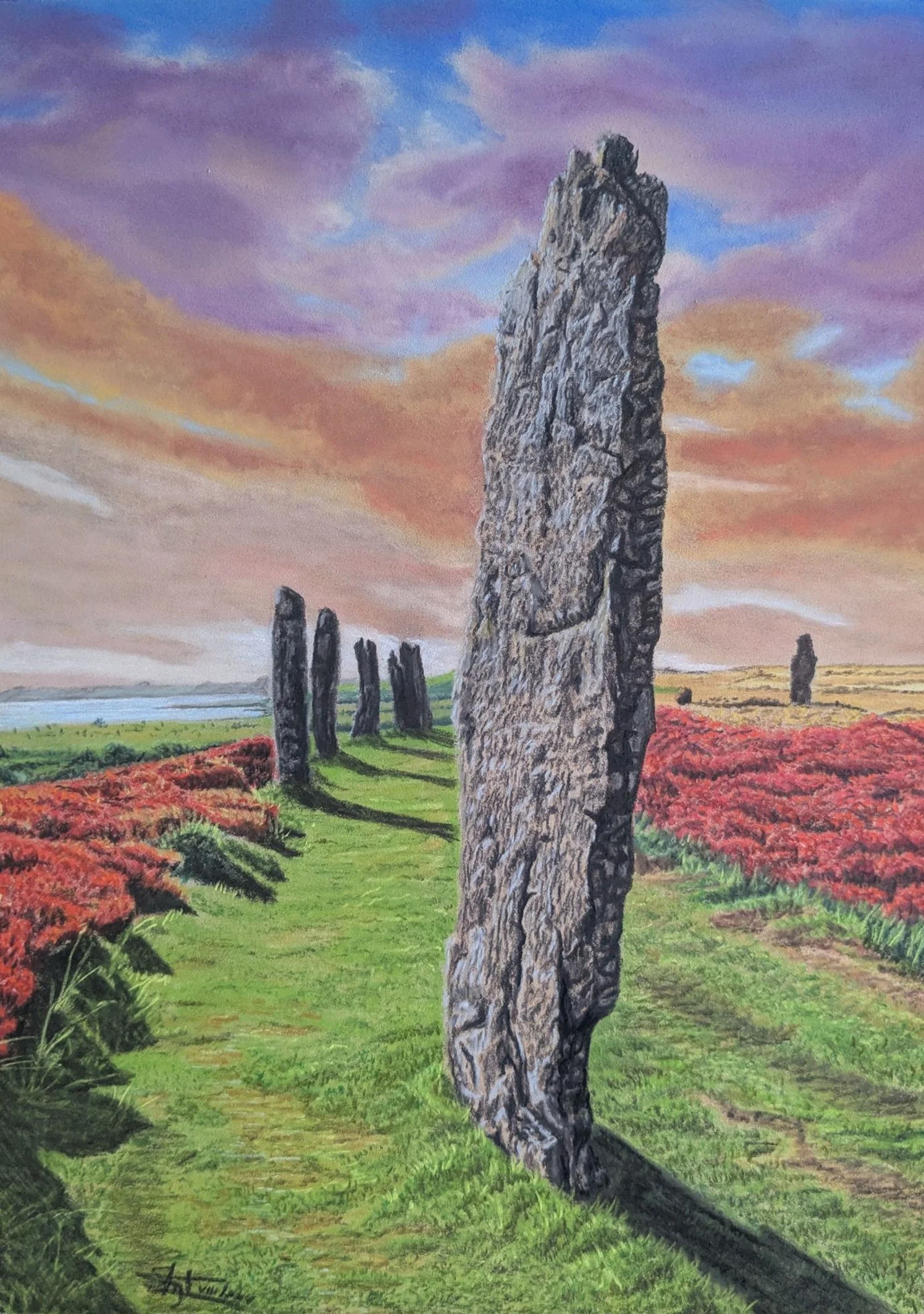 A landscape painting of standing stones in a field during sunset, with a large, prominent stone in the foreground, and smaller stones casting shadows on the green grass. Bright sunrise colours fill the sky.