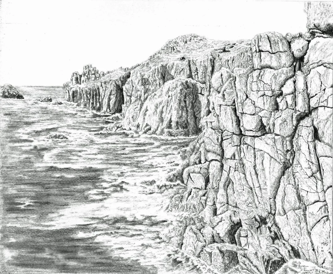 A detailed black-and-white pencil drawing of a rocky Cornish coastline, with cliffs and waves crashing against them.