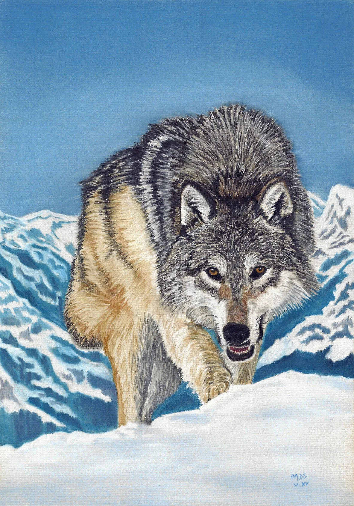 Painting of a wolf walking through snow with snow-covered mountains in the background.