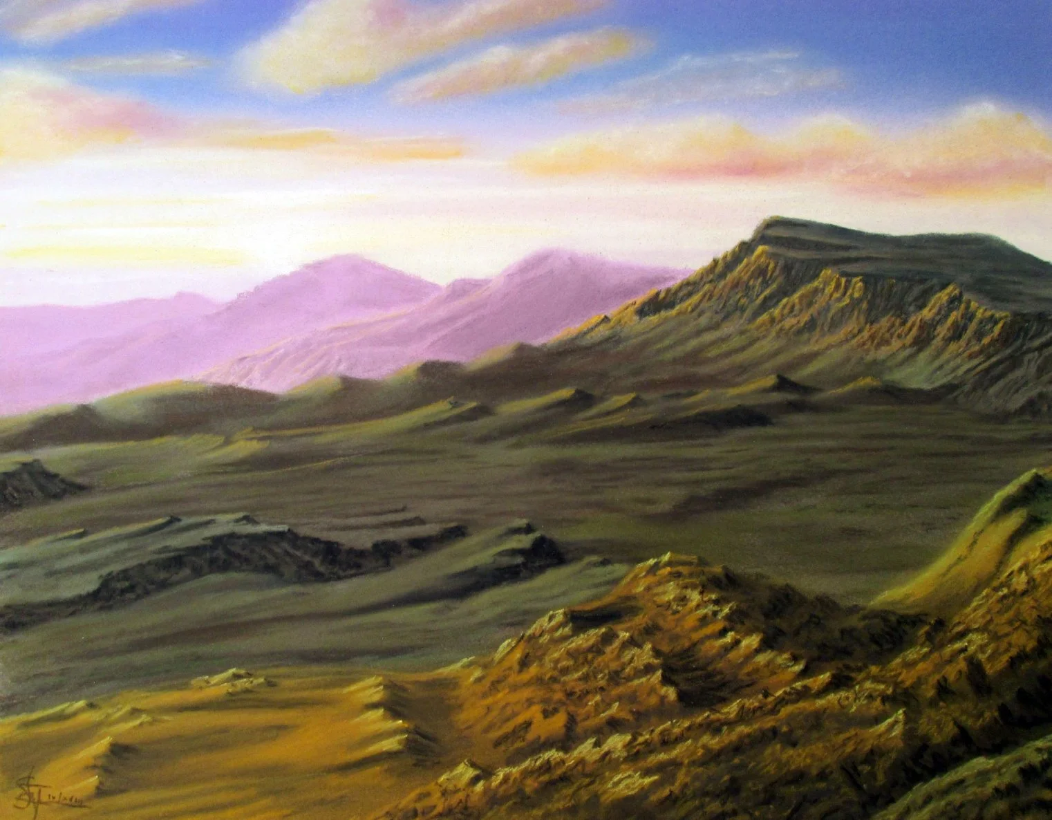 A landscape painting of mountains with purple, green, and brown hues under a pastel sky with light coloured clouds in the morning light.
