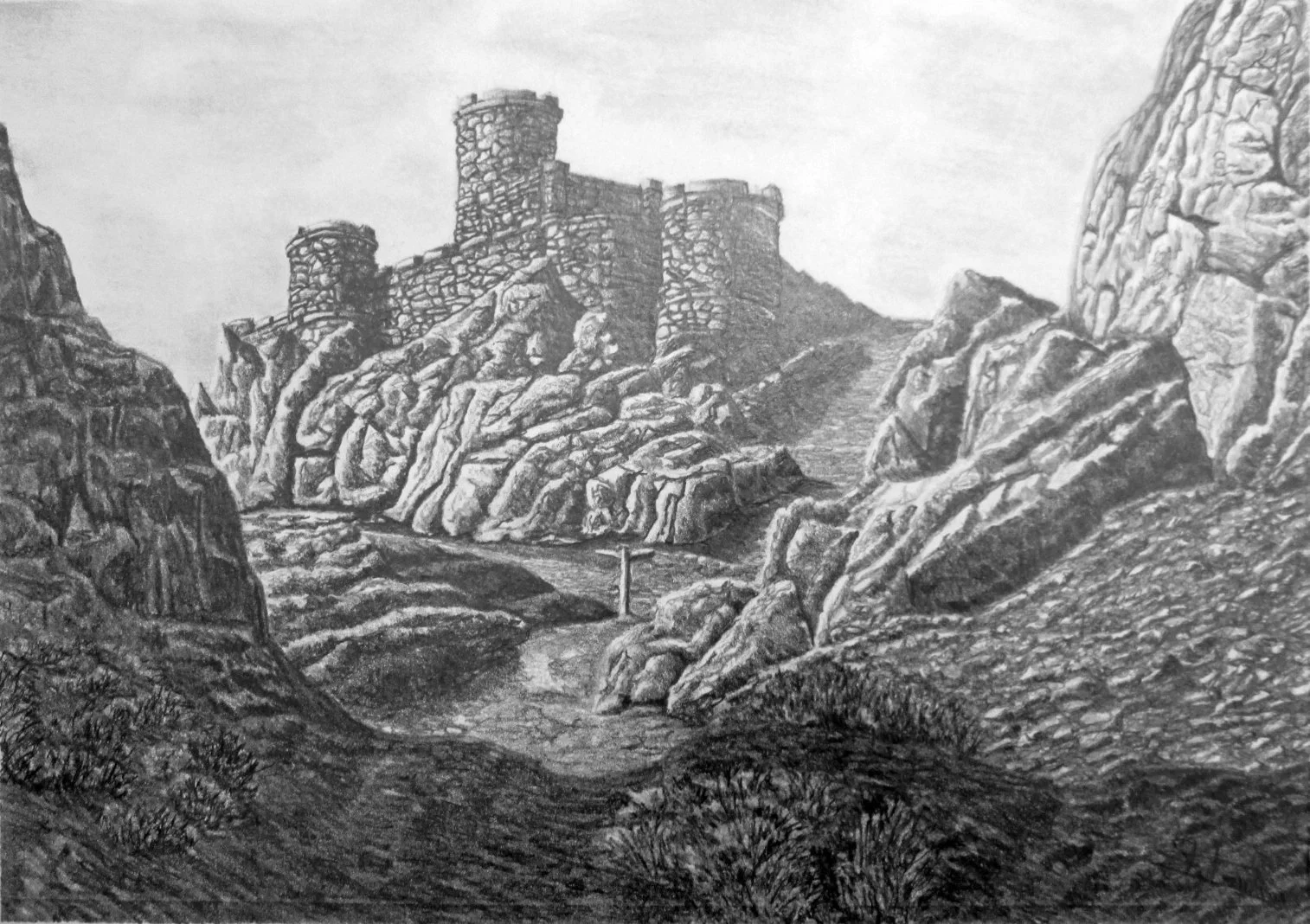 A detailed black and white pencil drawing of an ancient stone castle on a rocky hill, surrounded by rugged terrain and bushes, with a narrow path leading to it.