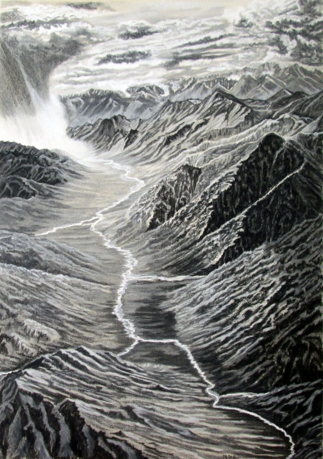 Black and white painting of a mountainous landscape with a winding river flowing through the valleys and an encroaching rainstorm in the upper left corner.
