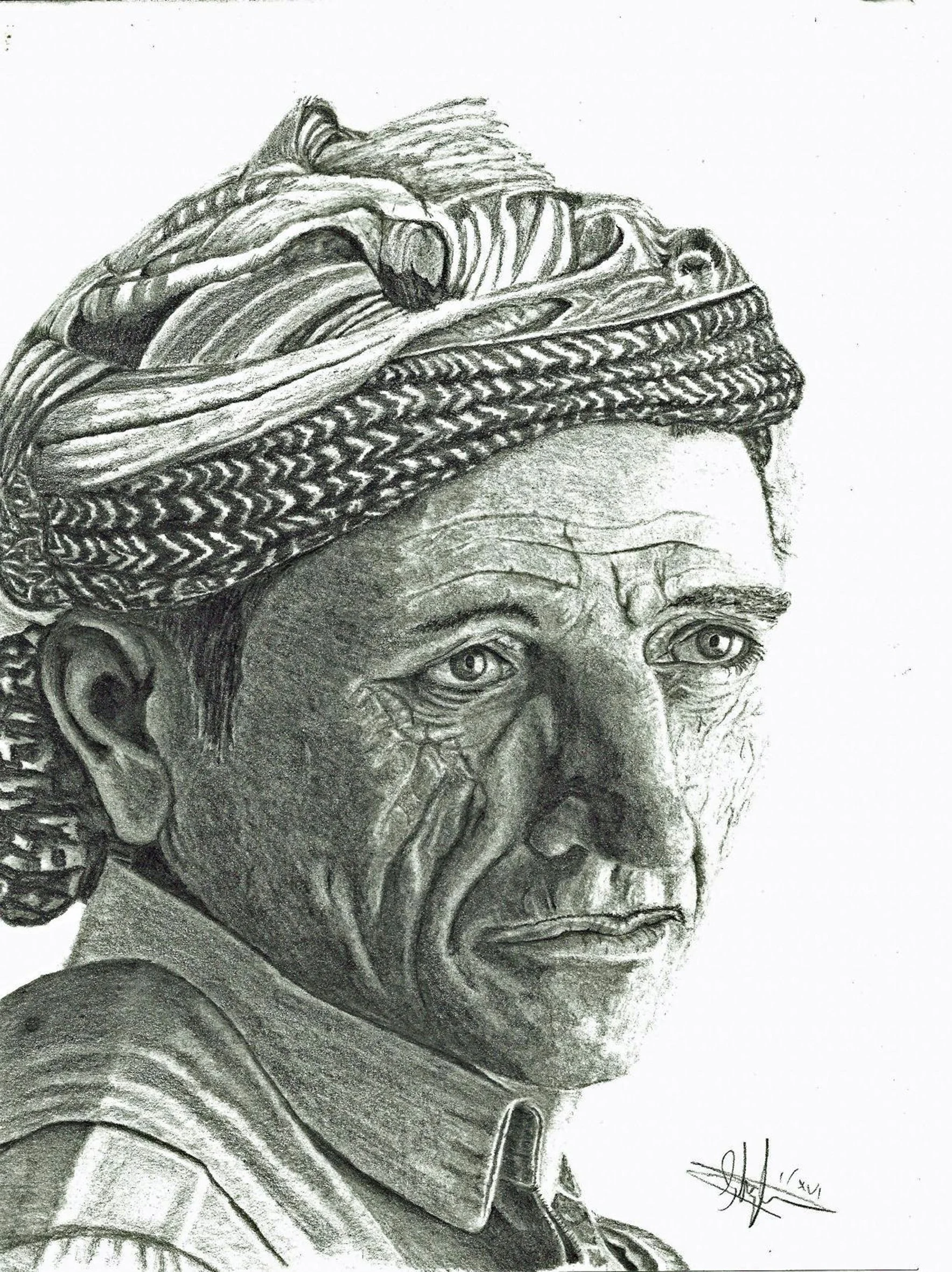 Pencil sketch of a weather-worn man with a traditional headscarf, showing detailed facial wrinkles and expressive eyes.