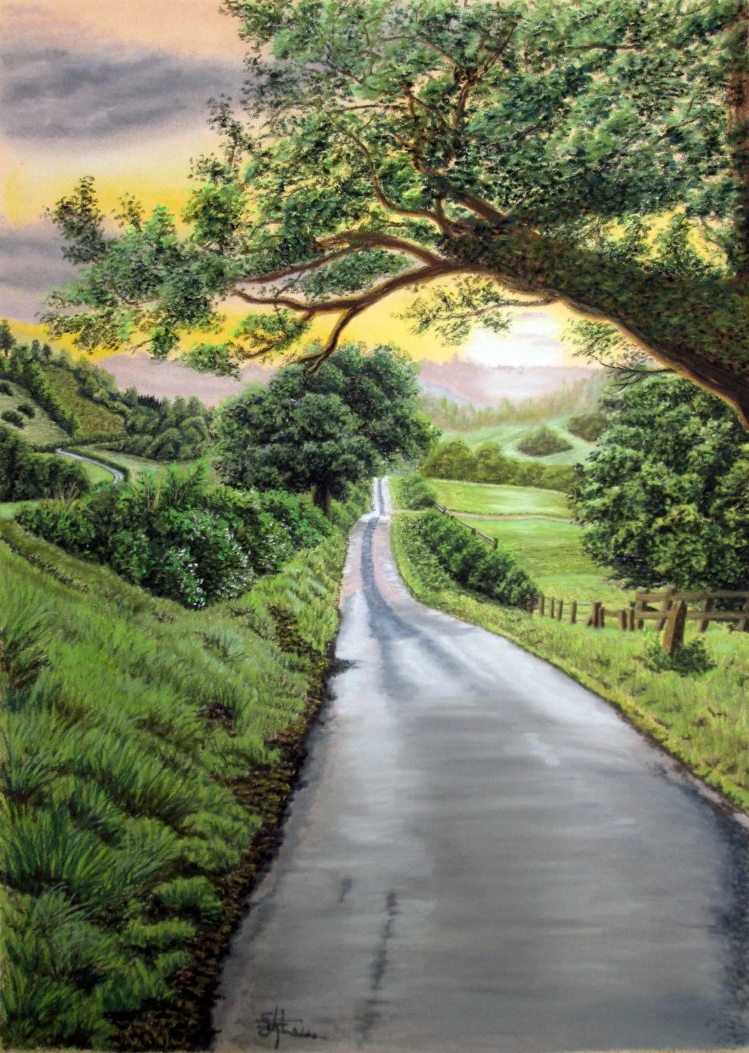 A painting of a countryside scene with a wet winding road, green trees, rolling hills, and a cloudy sky at dawn.