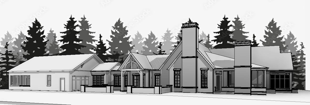 L+S Residence - 3D View - This renovated home blends classic and modern styles. The original single-story section features a gabled roof, brick exterior, and large multi-pane windows. A new addition adds a steeply pitched roof, stone chimneys, and an