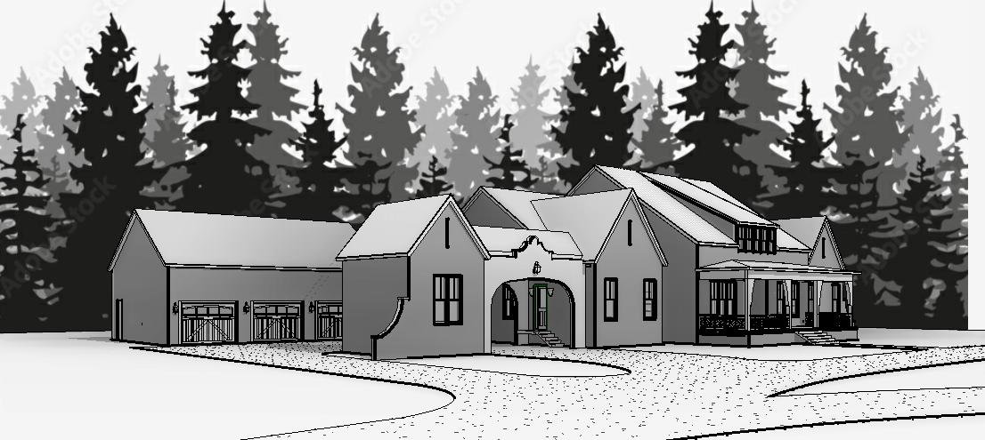 C+L Residence - 3D View - This farmhouse-inspired home blends symmetry and function with gabled shingle roofs and timeless brick cladding. A central arched portico, crowned by a decorative pediment, opens to a private auto court and an integrated mul