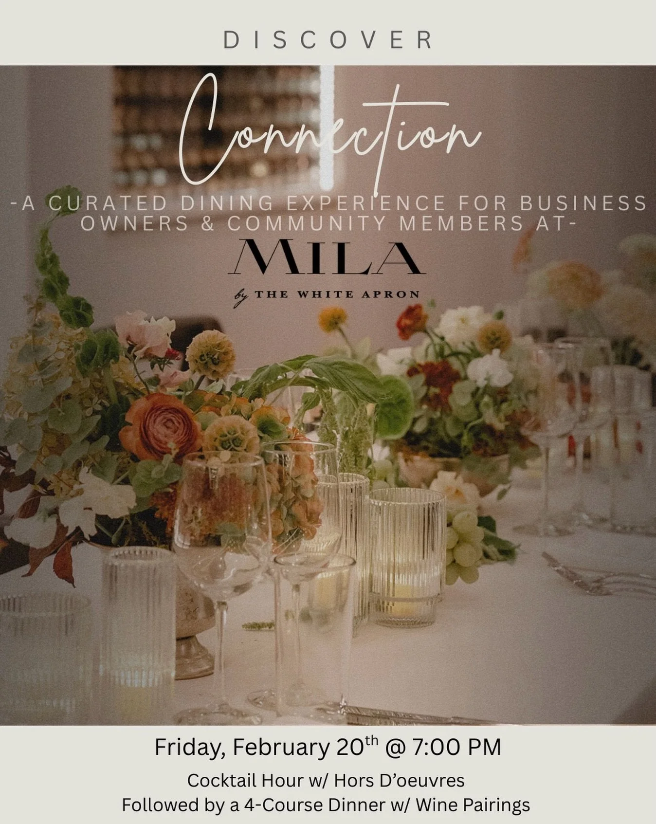 An elevated night out for local small business owners 🍽️🍷 

I&rsquo;m so excited to be partnering with @thewhiteapron for their Dinner Series at @mila_bythewhiteapron on February 20th - and this one is thoughtfully curated for entrepreneurs and cre