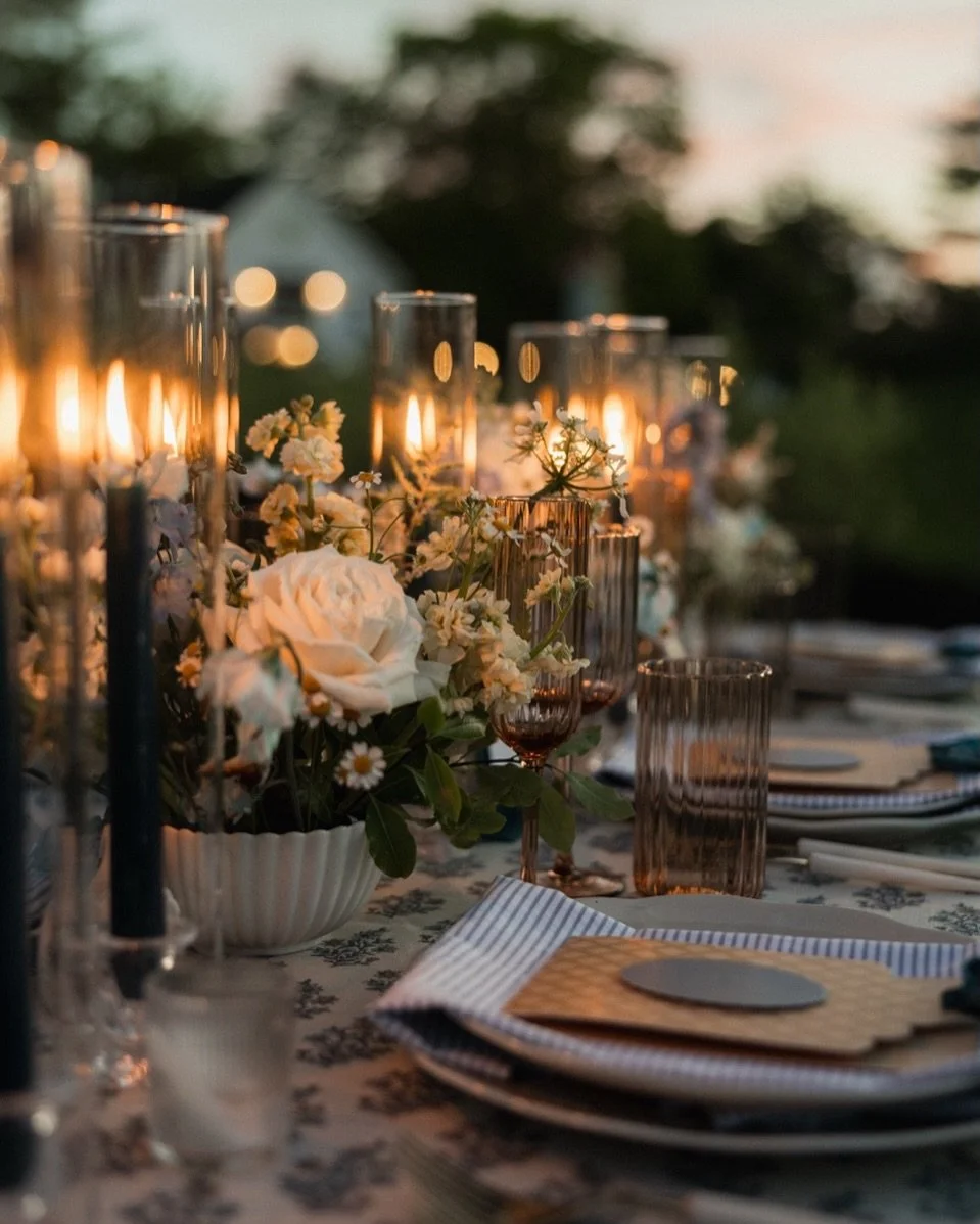 I seriously loved designing this table.

Delicate blues, little pops of yellow, lots of candlelight and plenty of pattern mixing. We wanted it to feel like classic NH Lakes Region resort hospitality with a little French charm mixed in - and I could n