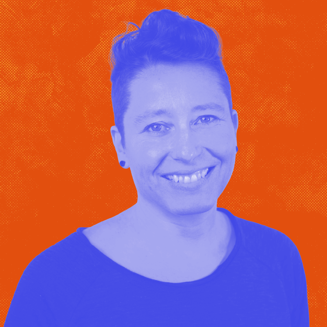 Image of a woman with short brown hair smiling in blue duotone with an orange background