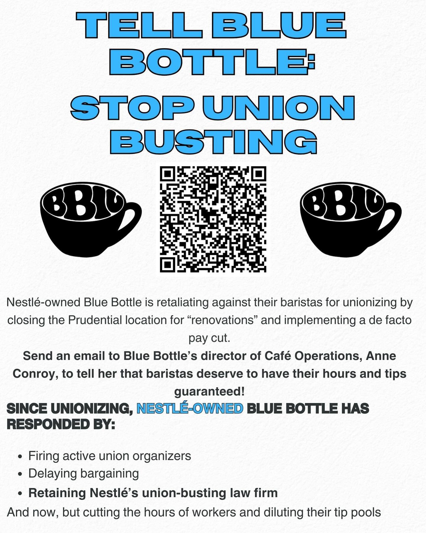 Since May Blue Bottle has been union busting and now they&rsquo;re planning to renovate their largest cafe in Boston without guaranteeing hours or tips for their workers! Blue Bottle is giving union baristas a de facto pay cut and has decided barista