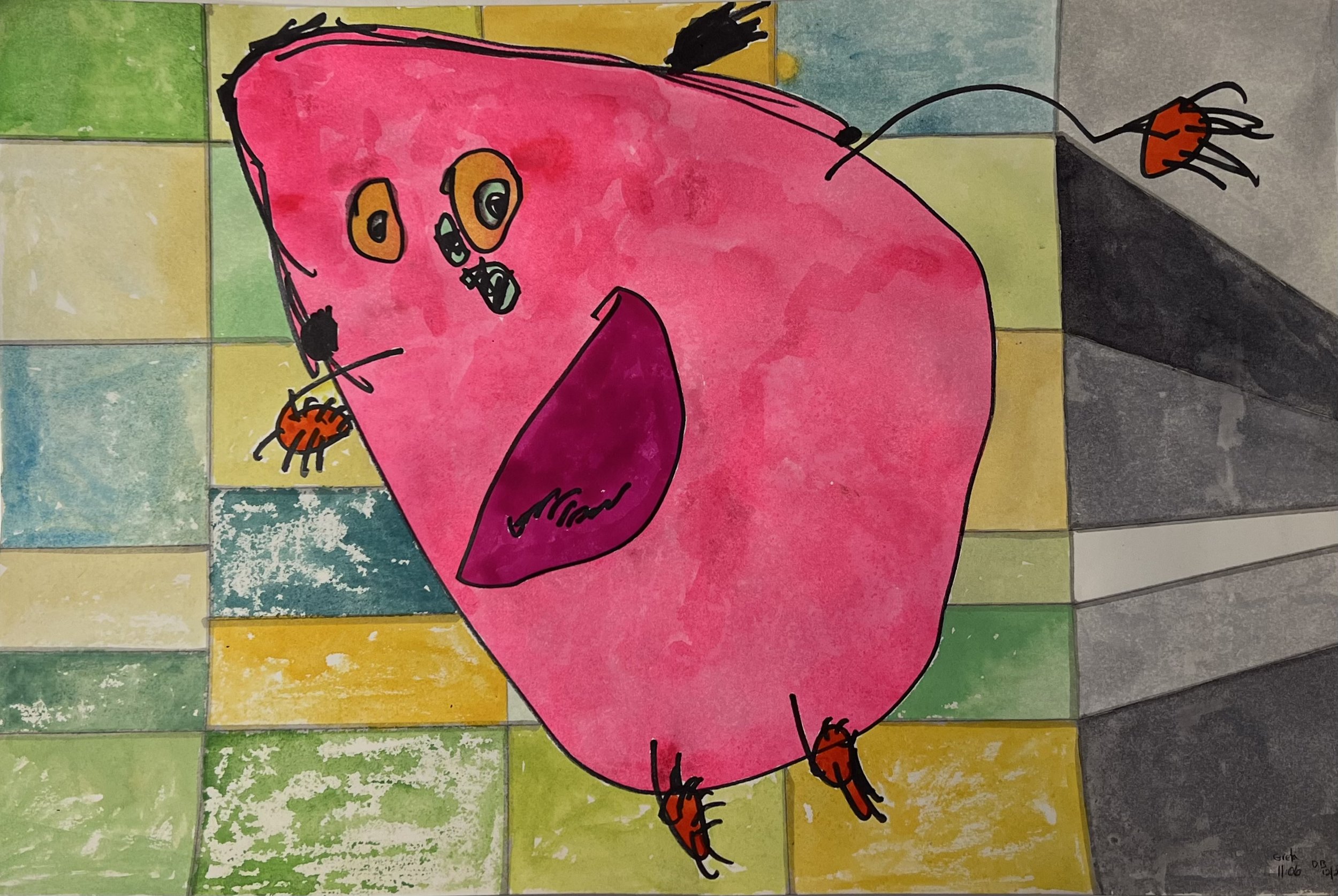 Line Drawing of a Funny Figure Done by Daughter and "Filled In" by Father | 18 x 24 | ink and watercolor on paper | 200