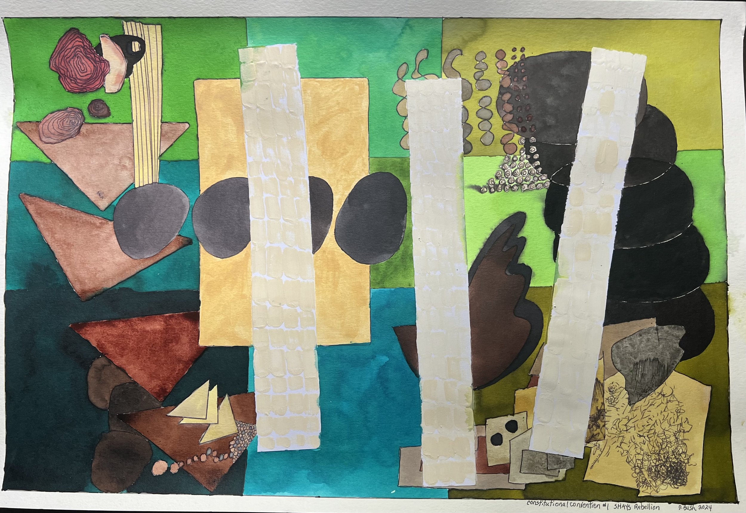Constitutioinal Convention #1  Shays Rebellion    |    15 x 22     |  watercolor and collage on paper   |    500