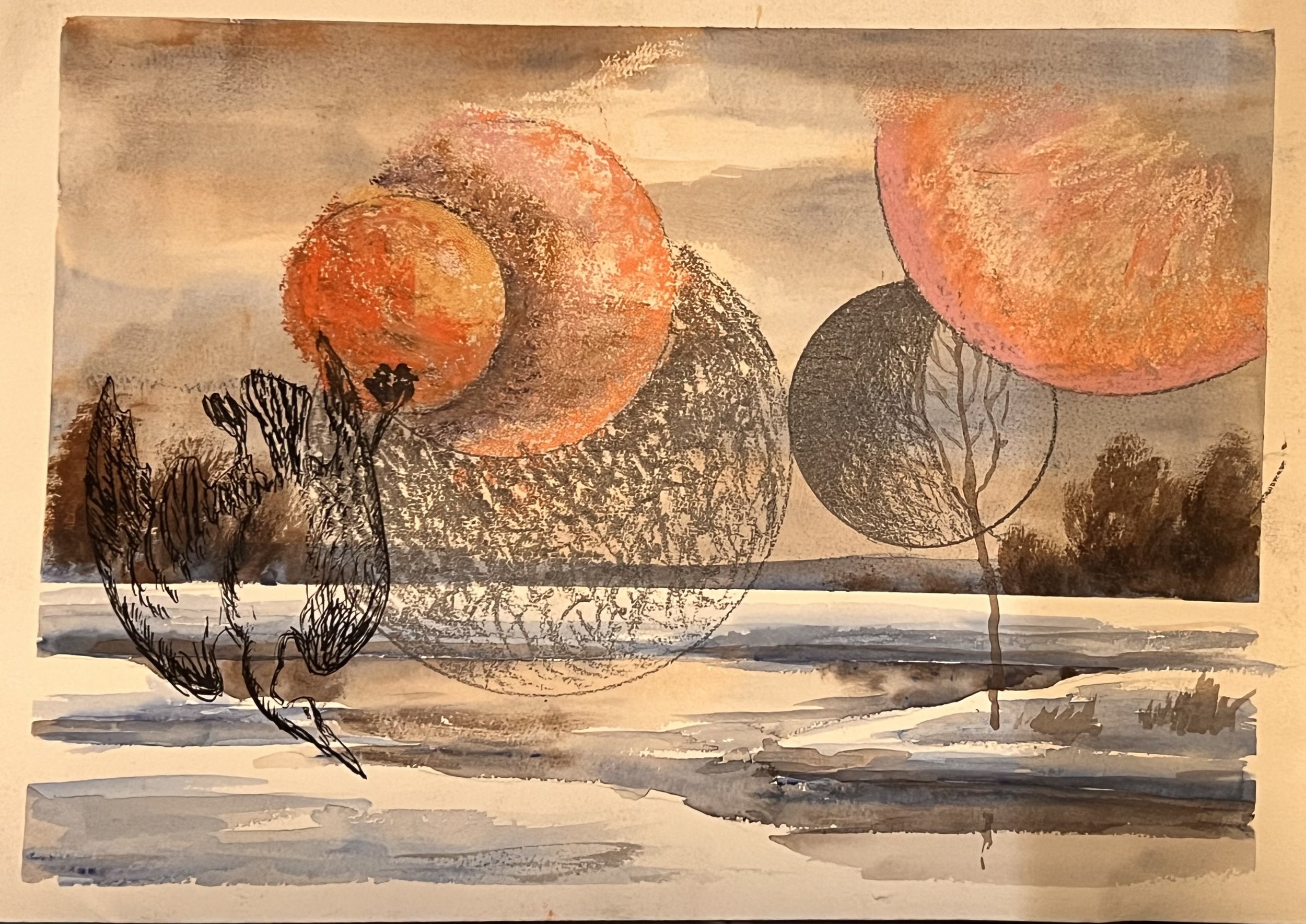 drawing over a previously done (70 years ago) watercolor by some family member   |         18 x 24      |    watercolor, ink and pencil on paper    |   100