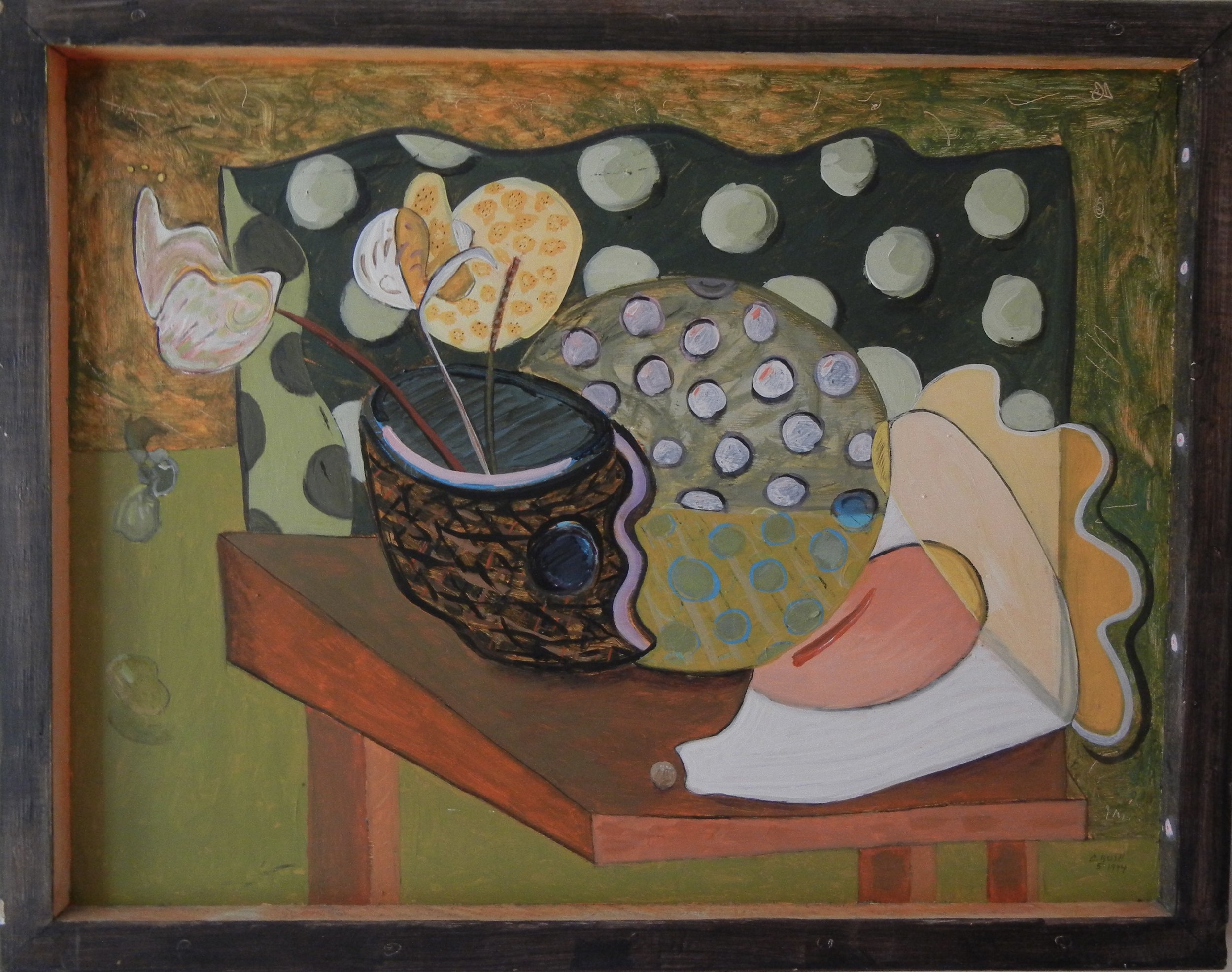 Conch and Dots | 1994 | 20 x 26 | acrylic/wood | nfs-one of my "best"