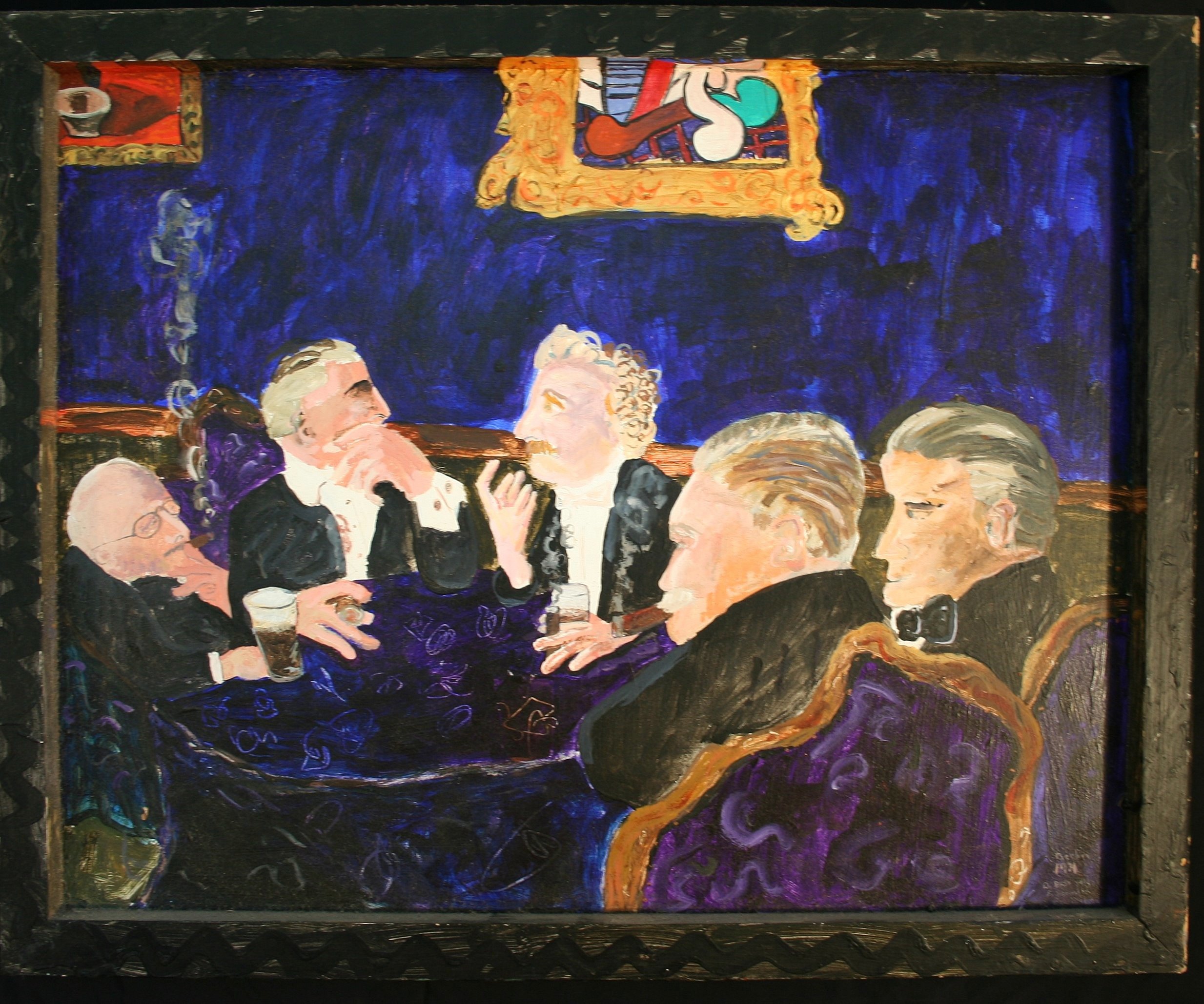 Einstein Makes His Point to Prime Minister McDonald - With Evidence of Contemporary Picasso | 1993 | 20 x 25 | acrylic/masonite and wood | 350
