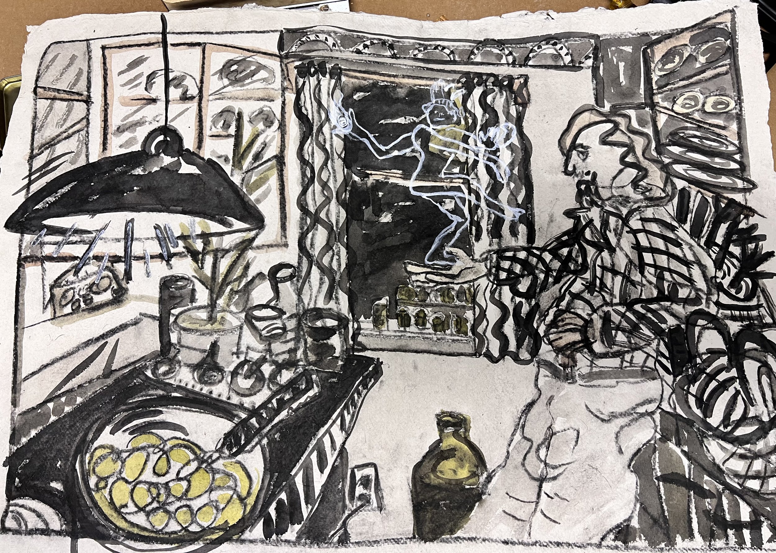 Chris and Shiva in the Kitchen   |   Charcoal and watercolor on paper   |  (sold) 
