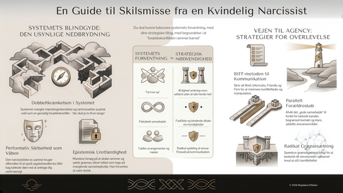 Infografik: Overlevelsesguide ved skilsmisse med covert narcissist &mdash; visuelt overblik over episodens hovedpunkter