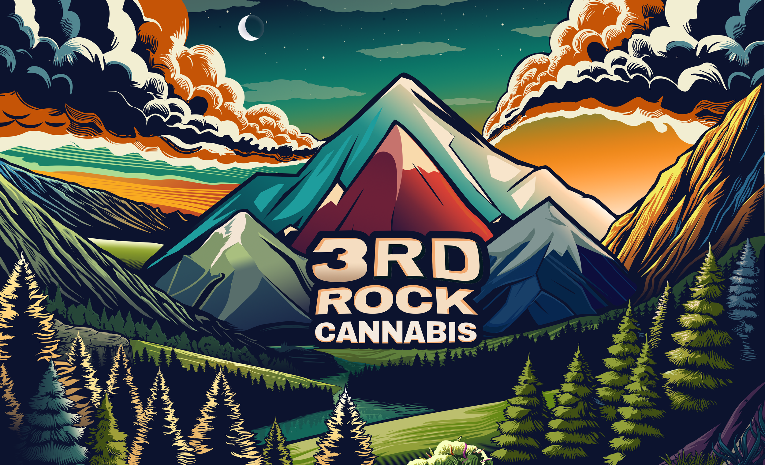 A stylized landscape illustration featuring mountains, forests, a river, and a sunset or sunrise. The scene is framed with clouds, stars, and a crescent moon in the sky. In the center, a mountain with the words '3RD ROCK CANNABIS' is displayed.
