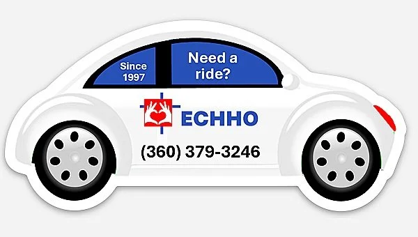 This image shows a cute little white VW Bug with ECHHO written on it. It says, "Need a ride?", "Since 1997" and also "ECHHO 360-379-3246"