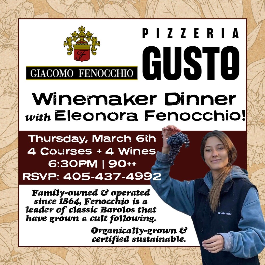Join us for a winemaker dinner with special guest Eleonora Fenocchio of @giacomofenocchio! These big, bold Barolos are the perfect match for the fare from the culinary team at @gustookc located in the heart of Oklahoma City's Uptown 23rd District.

?