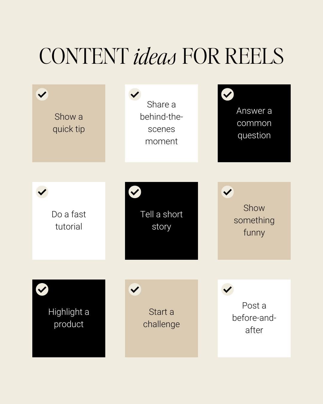 Are your Reels feeling a bit stale? Are you having trouble knowing where to even begin? Start with these ideas!

Reels are a great way to boost engagement, gain new followers, and show your audience a side of your business they may not know. Give the