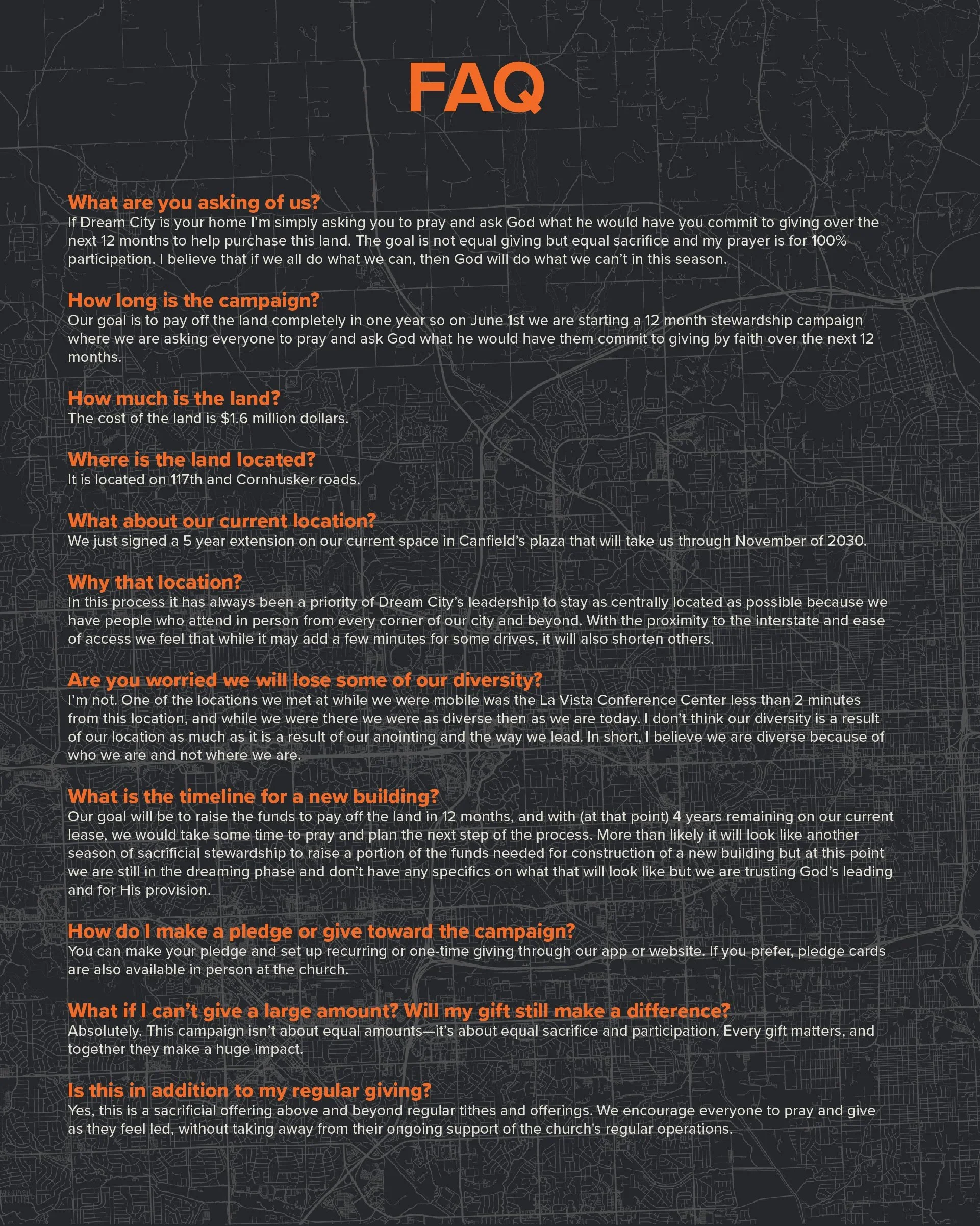 FAQ page about a land donation campaign, with questions and answers on topics like campaign duration, land cost, location, current status, timeline, pledging, donations, and additional giving.