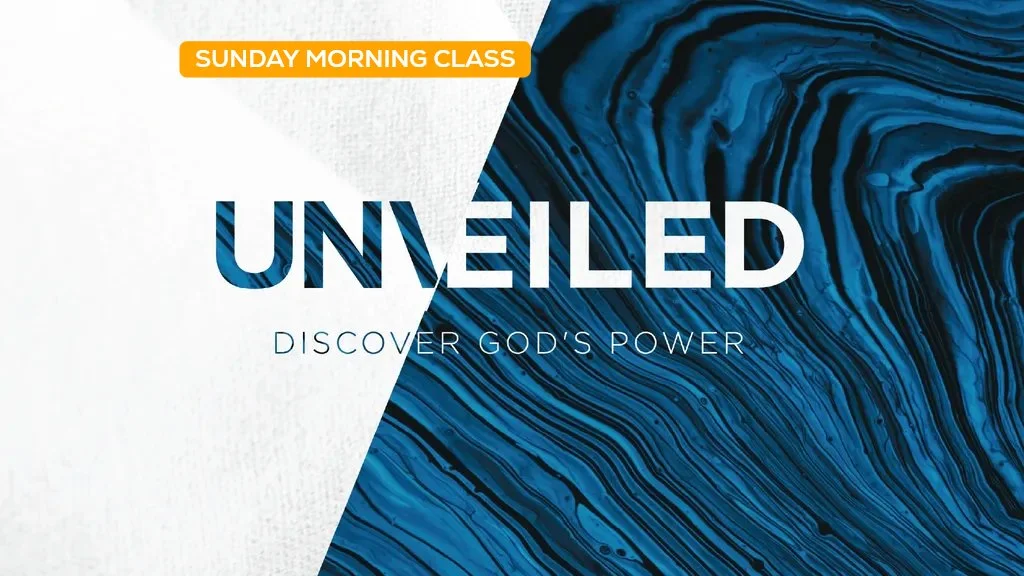 Text overlay on a background split diagonally, with the word "UN-VEILED" in bold blue letters and "Discover God's Power" below in smaller font.