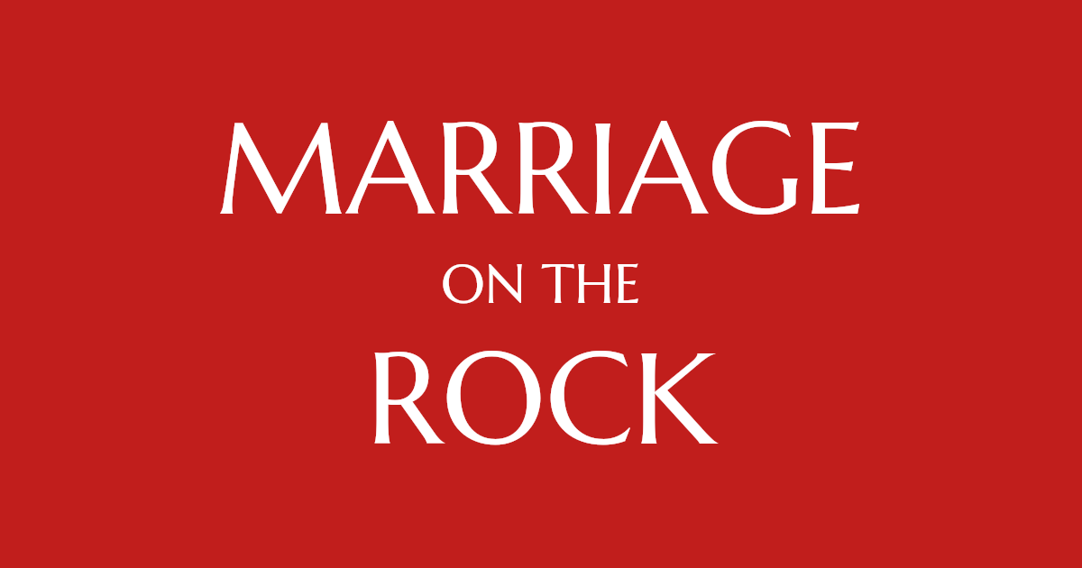 Text reading "Marriage on the Rock" in various sizes and colors on a beige background.