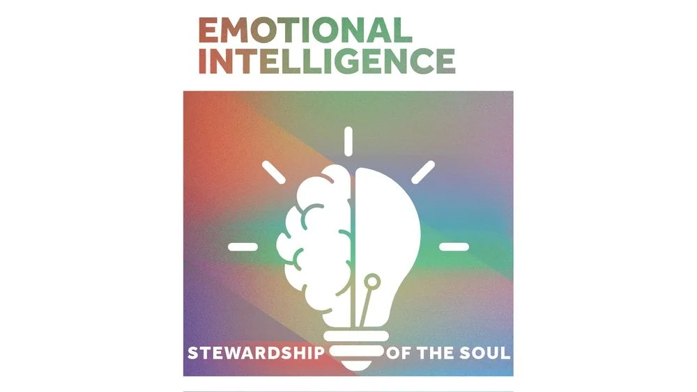 A colorful graphic with the words "Emotional Intelligence" at the top. In the center, there is an illustration of a lightbulb with a brain on the left side and a half-lightbulb on the right side. At the bottom, it says "Stewardship of the Soul."