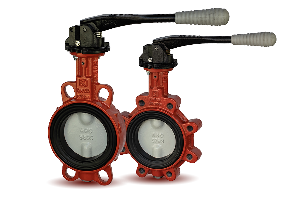 Dos válvulas rojas de compuerta con palancas negras y manijas de plástico gris.