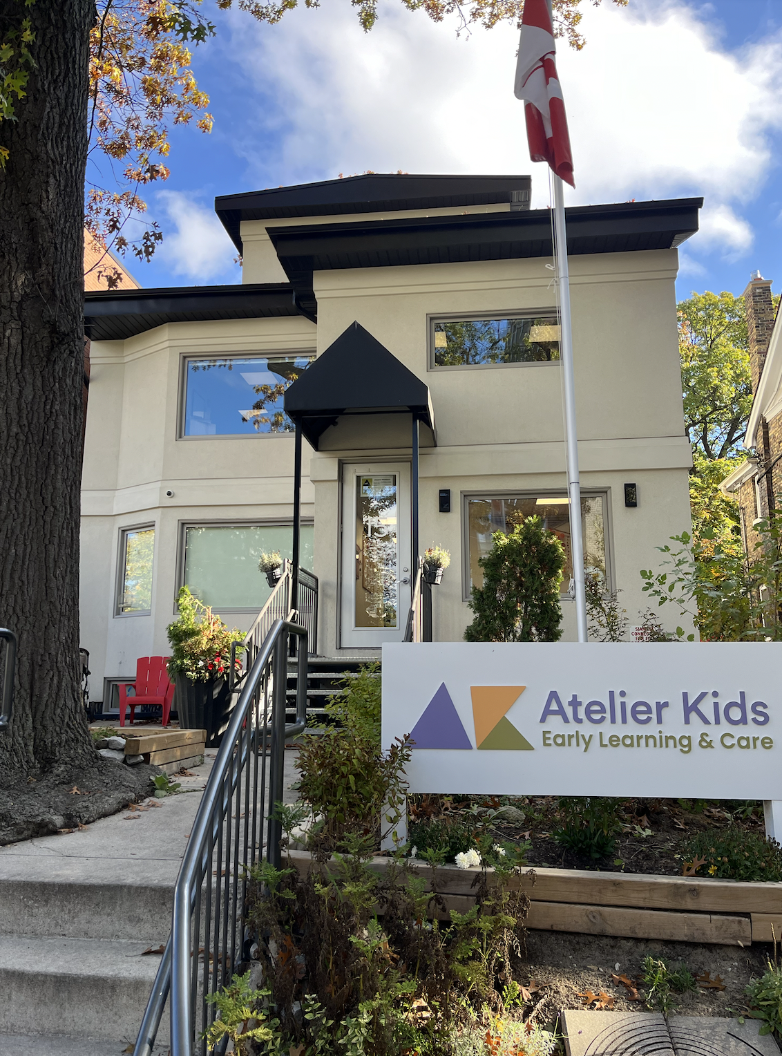 A modern two-story building with large windows, a black awning over the entrance, and a sign that reads 'Atelier Kids Early Learning & Care.' There are stairs leading up to the door, surrounded by plants and a small garden. An American flag is displa