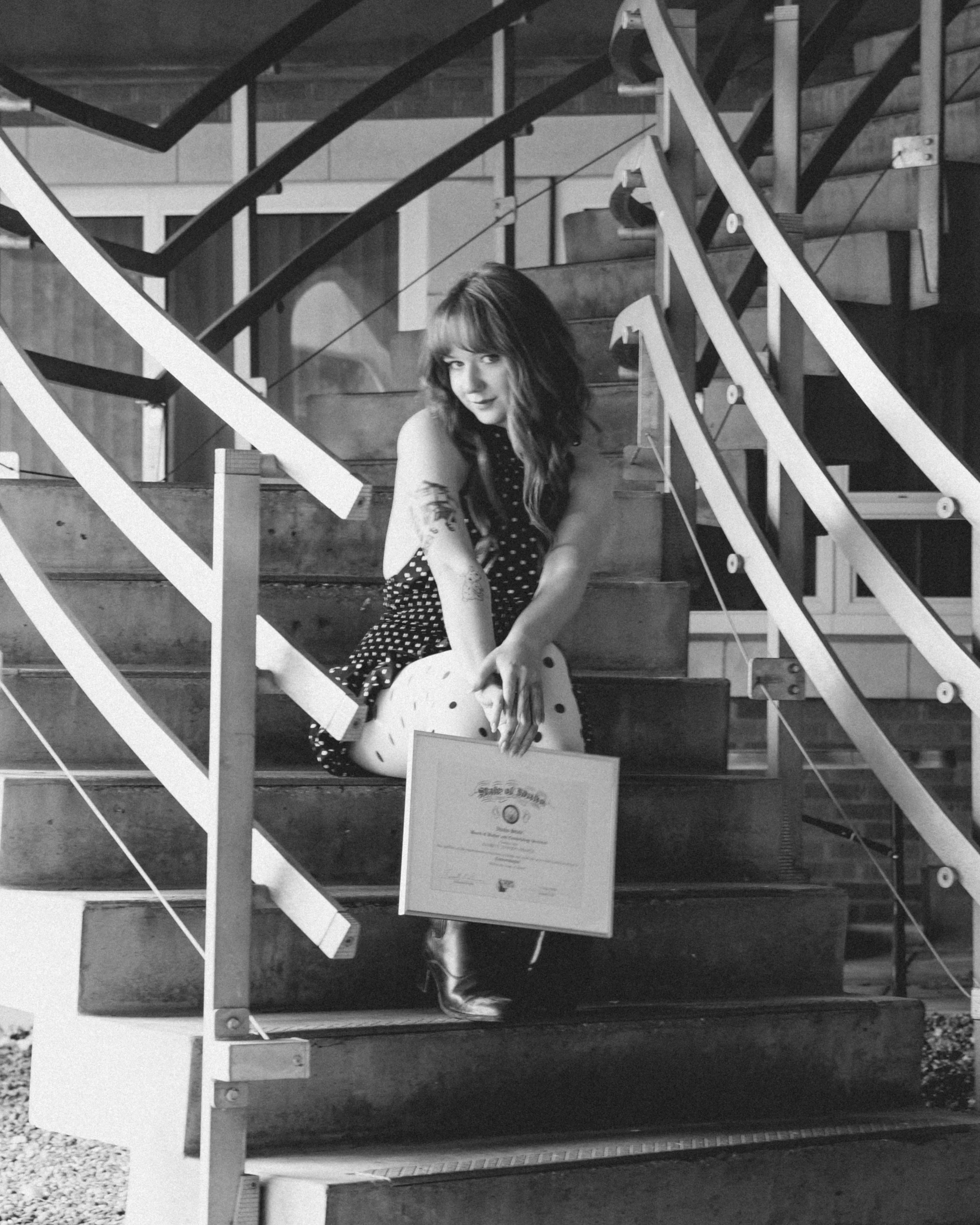 black and white photo of a graduation shoot