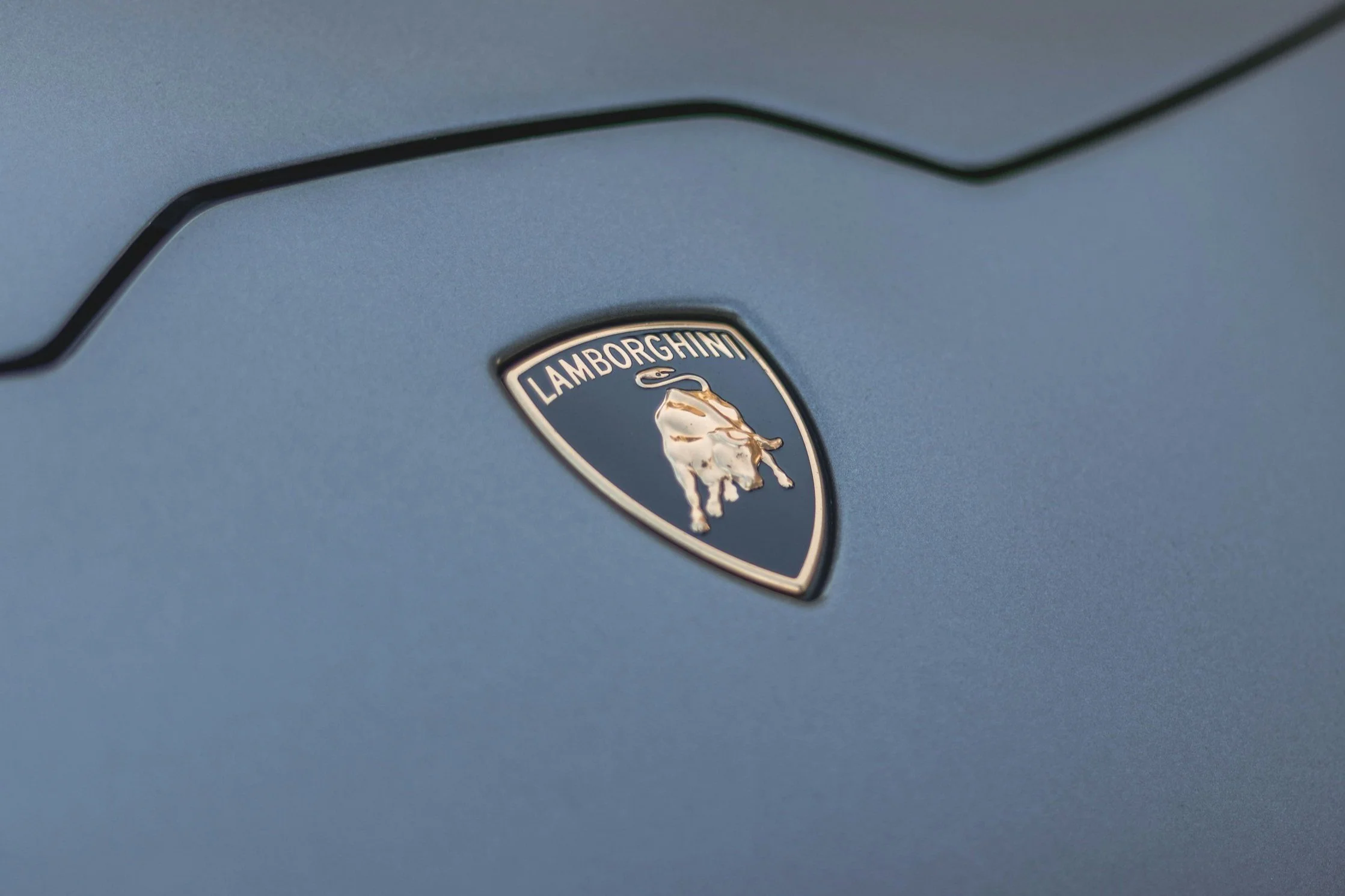 Close-up of Lamborghini emblem on a blue car surface.