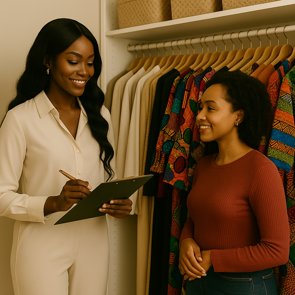 Styliste professionnelle avec une cliente afro souriante, devant un dressing mêlant vêtements neutres et tenues africaines colorées.