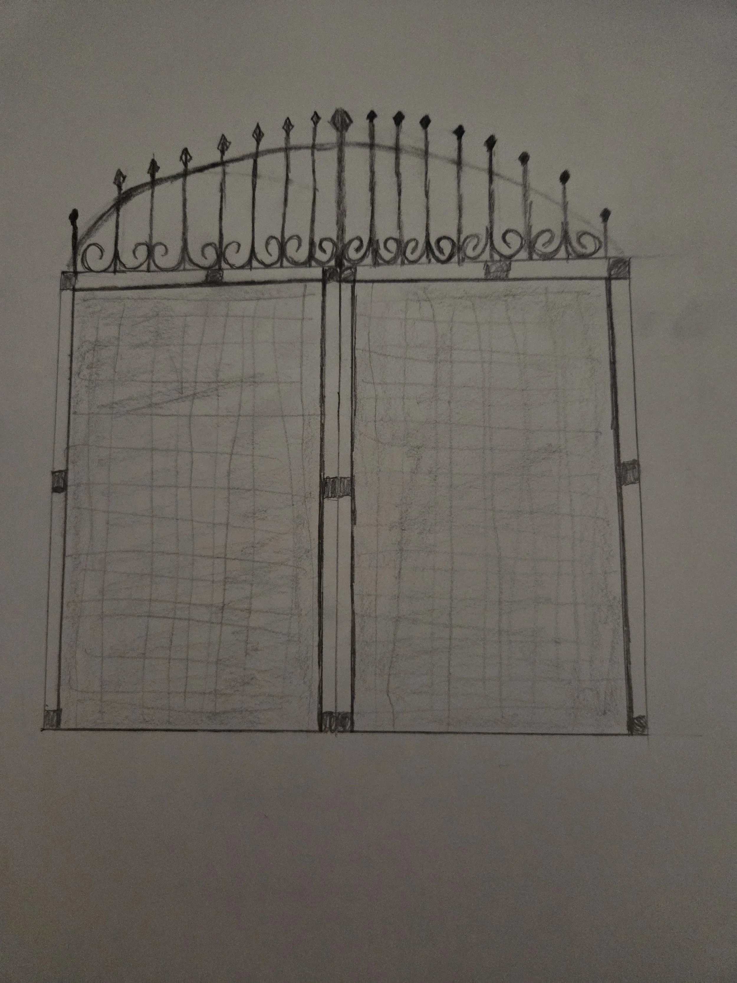 Sketch of a metal gate with two tall panels and decorative curved arch on top, featuring ornate ironwork and pointed finials.