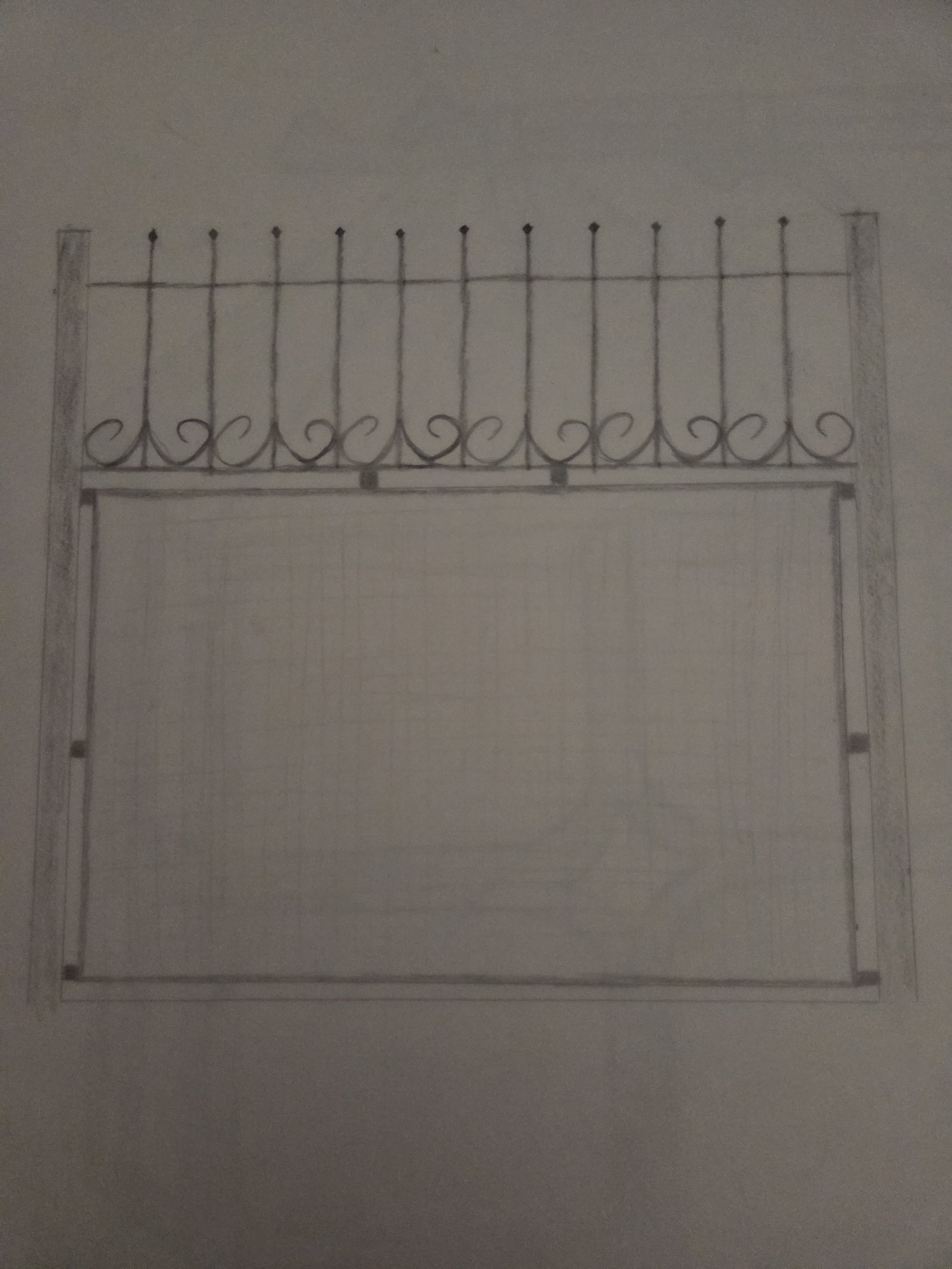 Sketch of a decorative metal gate with vertical bars topped with small spheres, and a rectangular frame with curved swirl designs at the top.