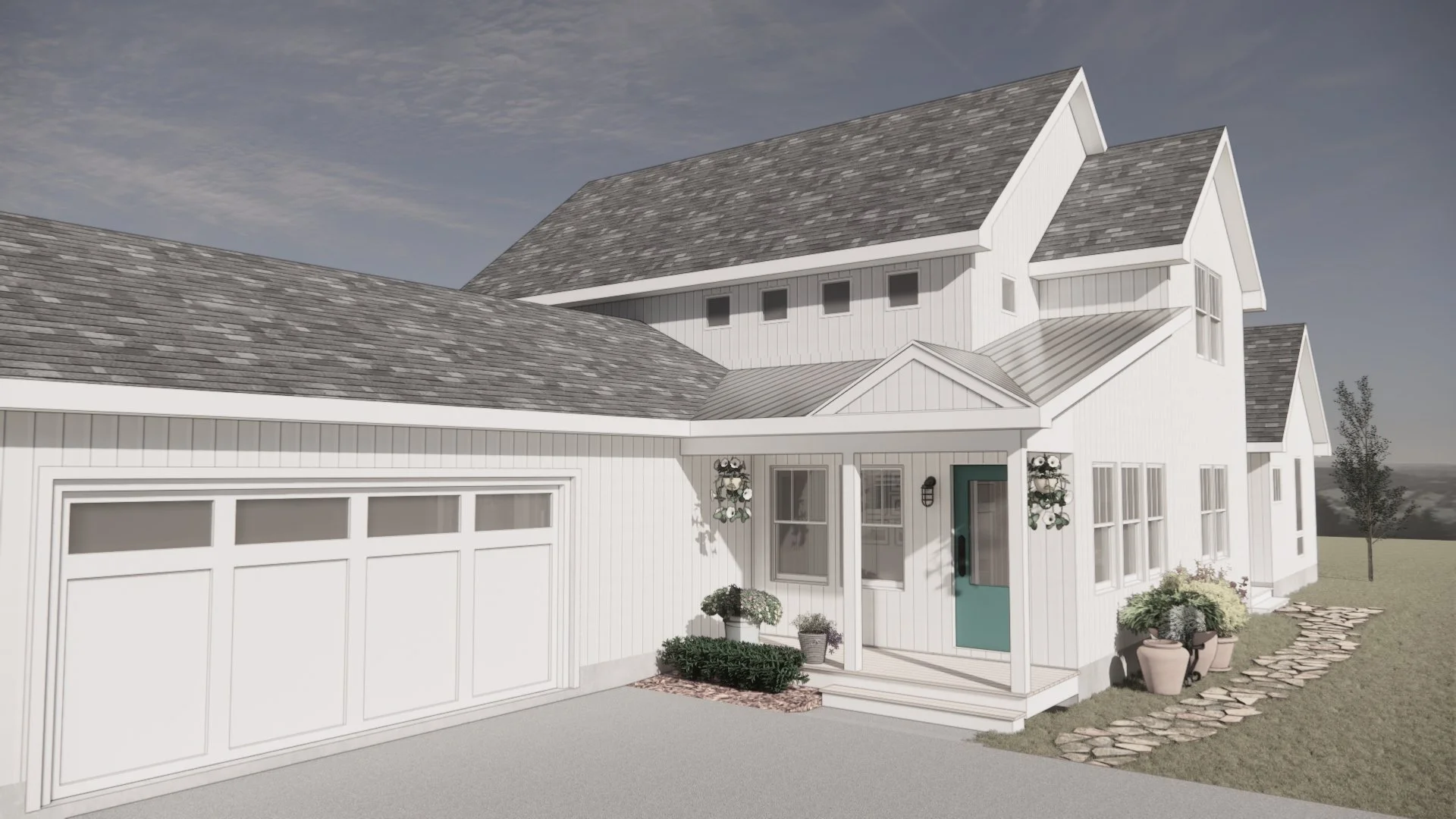 Modern white house with a large garage, teal front door, and gray roof. The front yard has stone pathways, potted plants, and a landscaped garden.