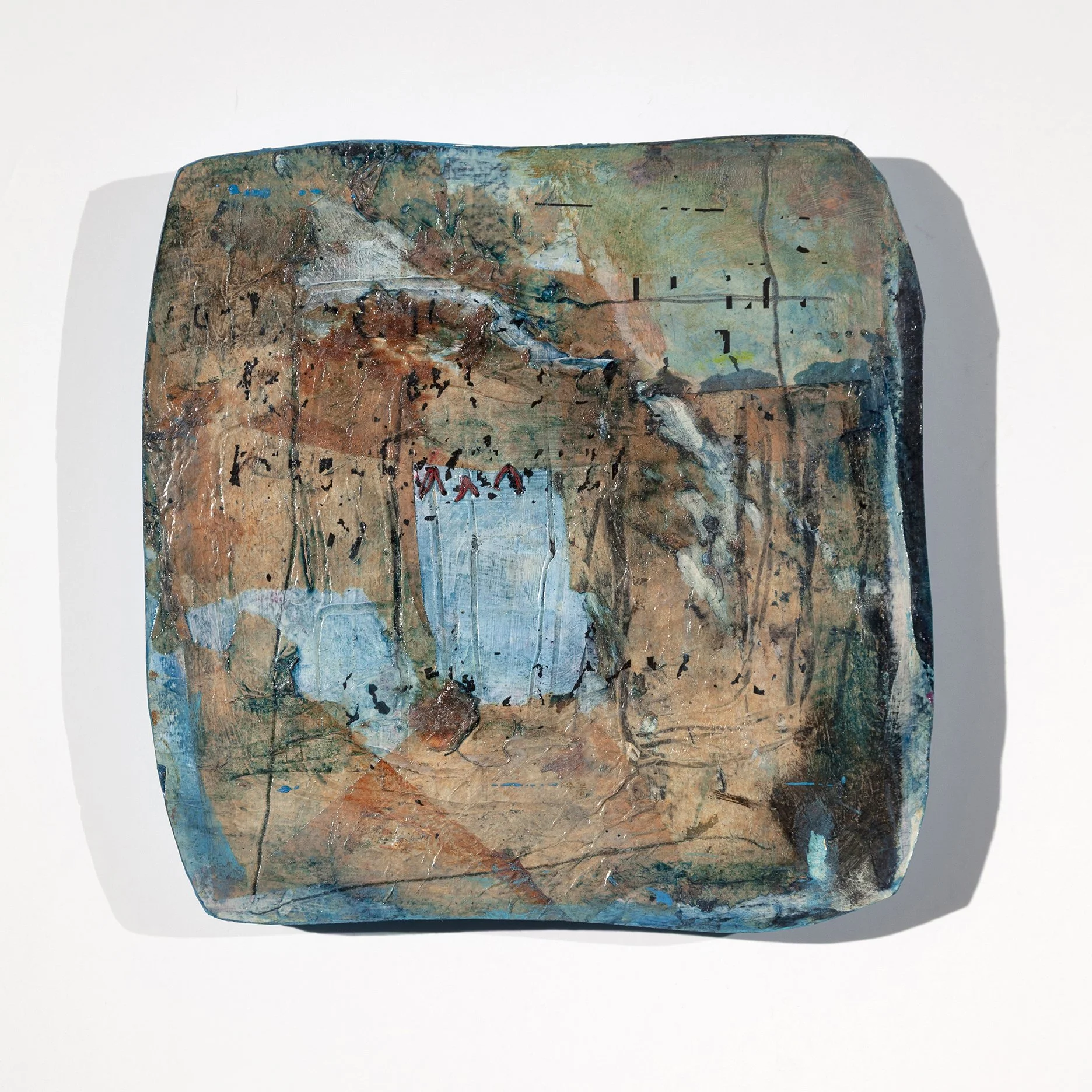 Blue Passage 8 x8 inches   
Acrylic, thread, smoke, Letraset on cardboard mounted on panel 2026