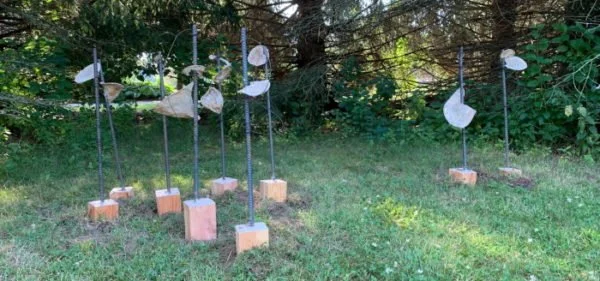 Melissa Rian, Distance 1, 60” x 36” x 36”, encaustic, rebar, wire, wood, paper, 2020