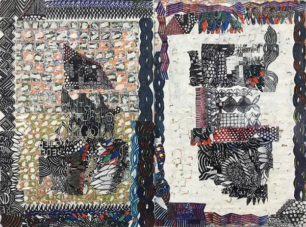 Joan Stuart Ross, Aggregation, 22.25″x30″, ink, collage, acrylic on rag paper, 2020