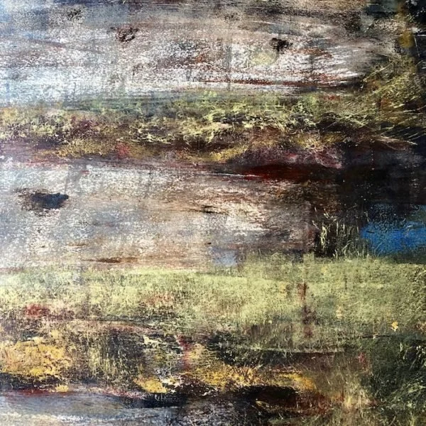 Clare Kennedy Jorgensen, Dancing in the Bog, 36 x 36 x 1.5, oil,                      cold wax, burnt peat, Infrastructure canvas panel, 2020