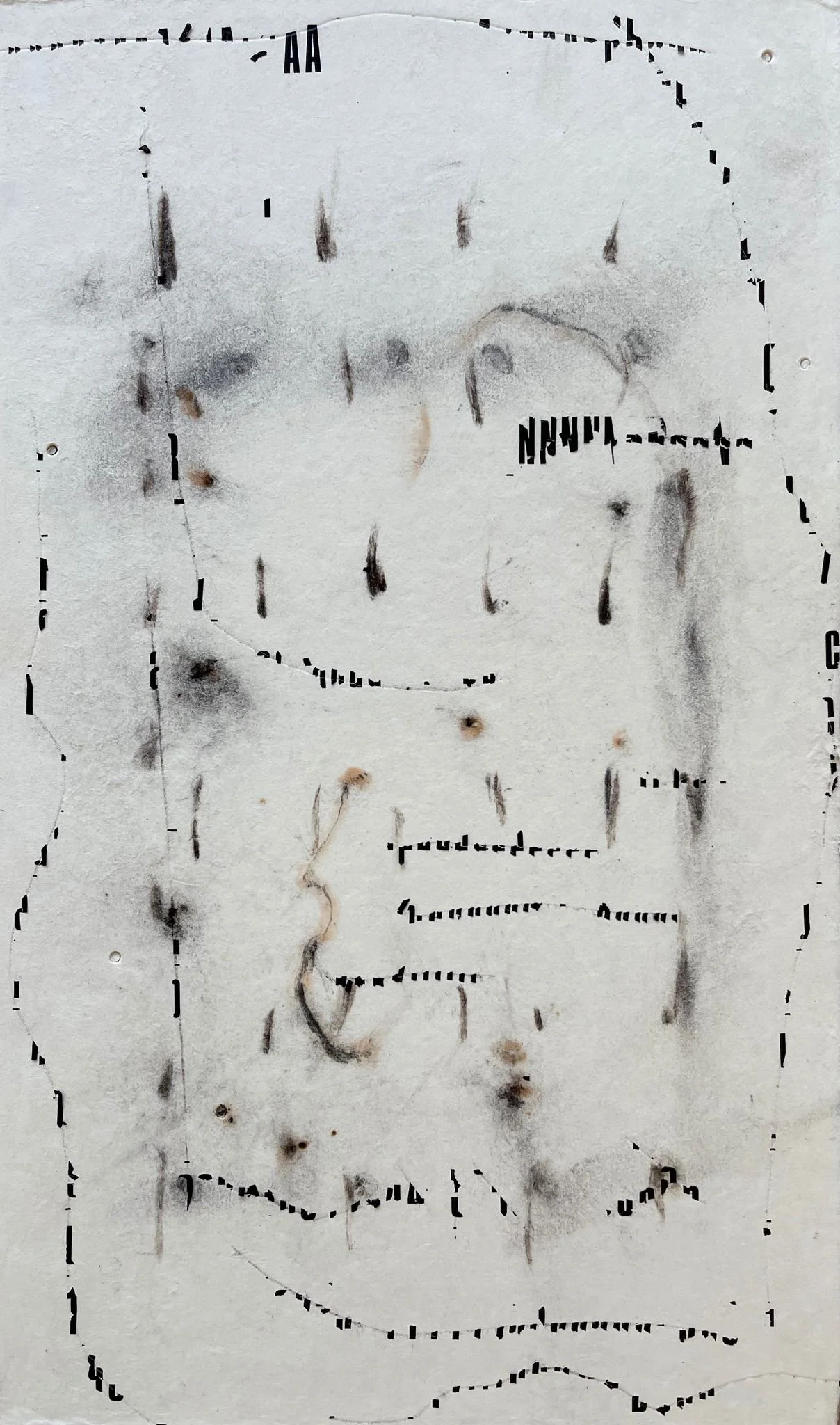 Lisa Pressman, Messages #17, 2020, Letraset, ink, smoke on paper, 14.5 x 8.5 inches  Photo courtesy of Lisa Pressman and Susan Eley Fine Art, Hudson